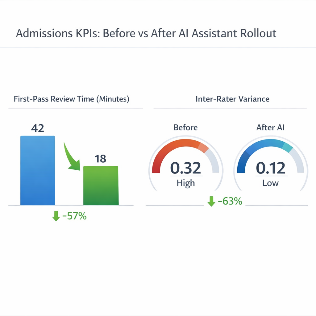 ROI chart showing reduction in admissions first-pass review time and inter-rater variance after AI assistant rollout