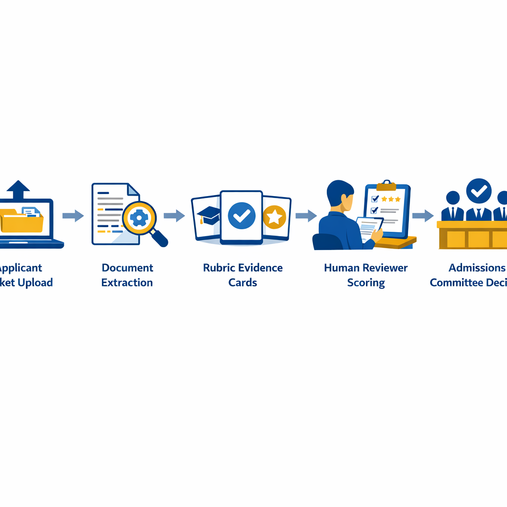 Workflow diagram for AI-assisted admissions packet review and rubric evidence mapping