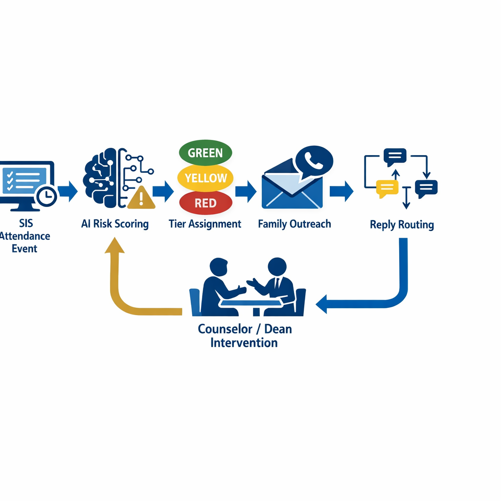 Attendance intervention workflow from SIS signal to family outreach and escalation